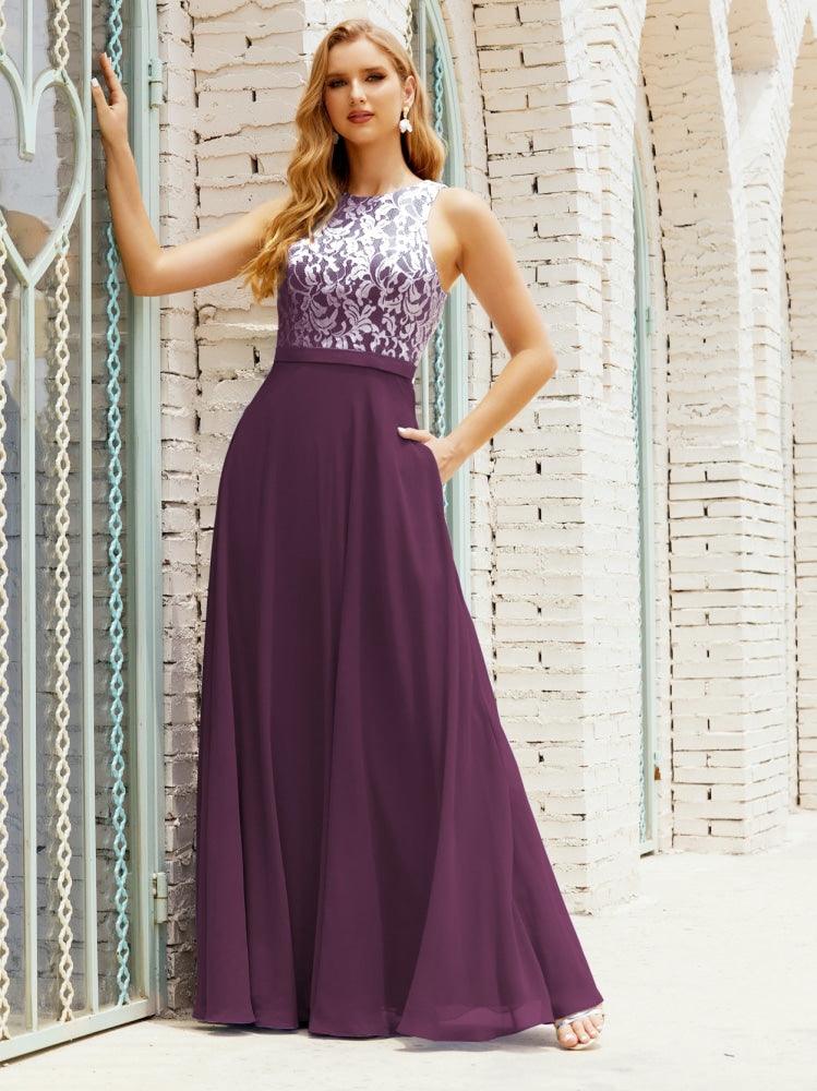 Lace Bridesmaid Dress Floor Length Evening Gowns with Pockets 28017-numbersea