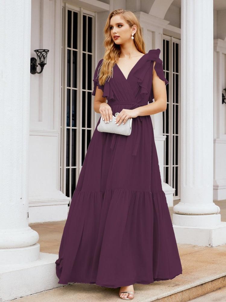 Numbersea Women's Open Back Formal Evening Party Prom Gowns V-Neck Long Chiffon Bridesmaid Dresses with Waist Belt 28038-numbersea
