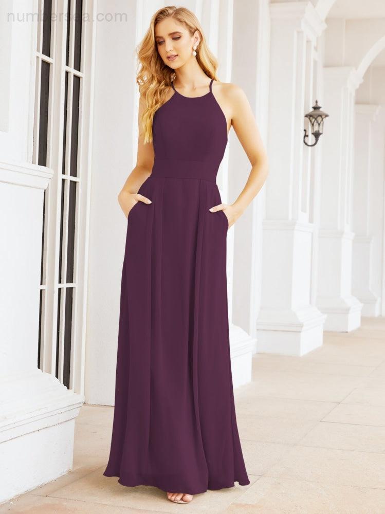 Numbersea Halter Bridesmaid Dresses with Pockets Sleeveless Formal Evening Party Prom Gowns 28055-numbersea