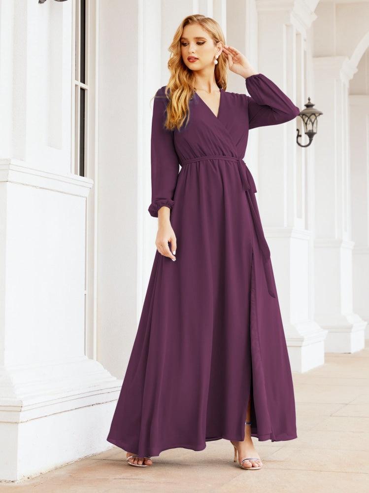 Numbersea Women's Chiffon Bridesmaid Dress A line Long Sleeves Formal Evening Prom Gown for Wedding Guest 28032-numbersea