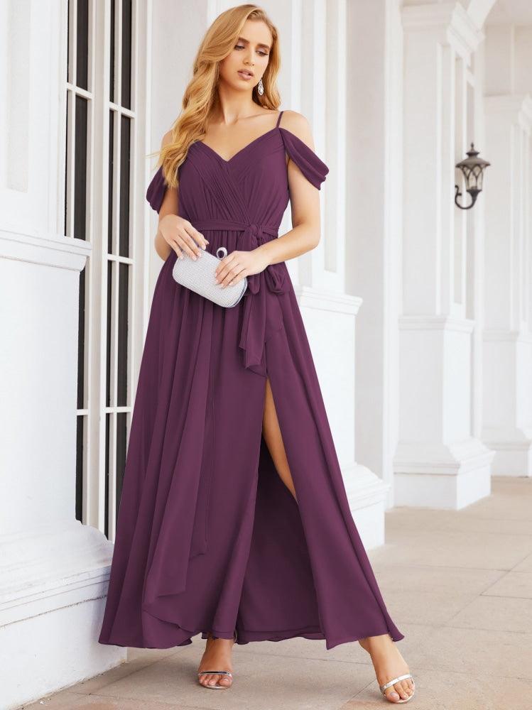 Numbersea Off The Shoulder Chiffon Bridesmaid Dress Long Formal Graduation Gown with Cowl Back 28069-numbersea