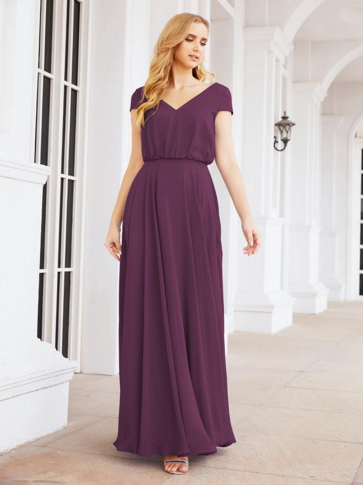Numbersea V-Neck Bridesmaid Dresses Long Cap Sleeves Prom Evening Formal Gowns 28071-numbersea