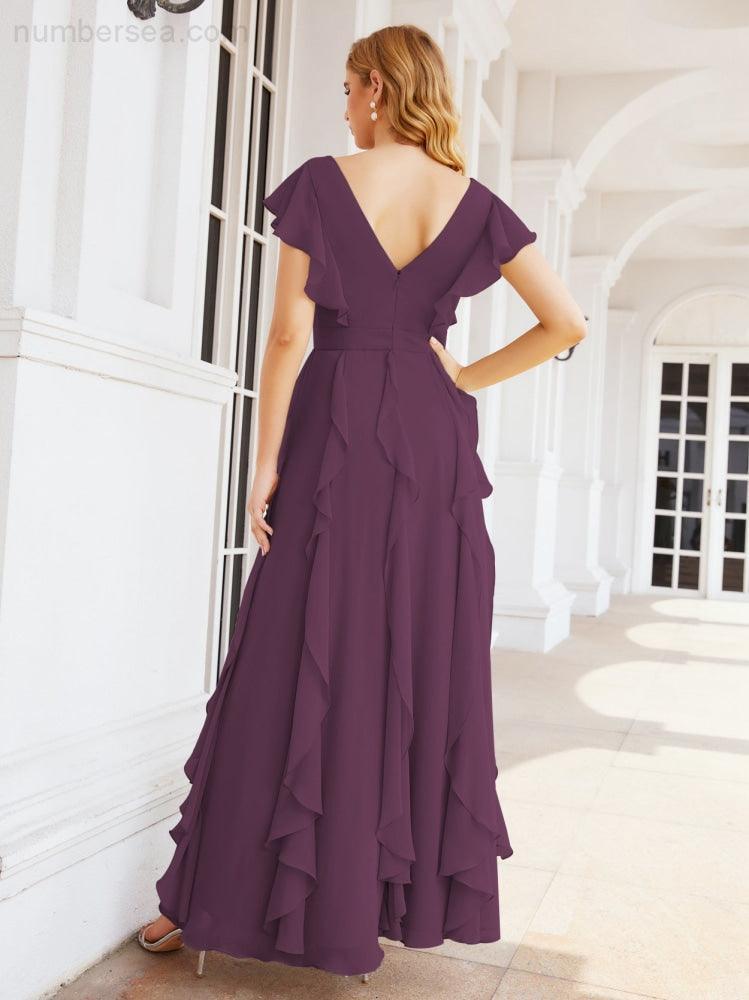 Ruffled Bridesmaid Dresses with Sleeves Long Formal Party Dress 28041-numbersea