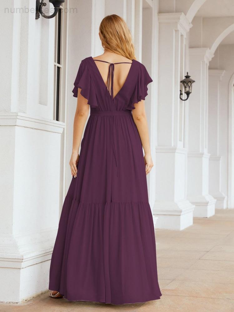Numbersea Women's Open Back Formal Evening Party Prom Gowns V-Neck Long Chiffon Bridesmaid Dresses with Waist Belt 28038-numbersea