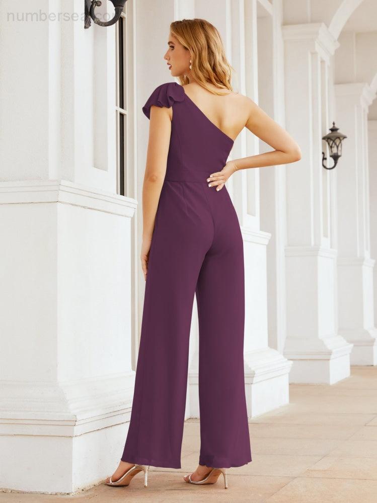 Numbersea Womens One Shoulder Chiffon Long Jumpsuit Formal Evening Dress Bridesmaid Dresses Pants