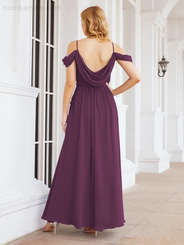 Numbersea Off The Shoulder Chiffon Bridesmaid Dress Long Formal Graduation Gown with Cowl Back 28069-numbersea