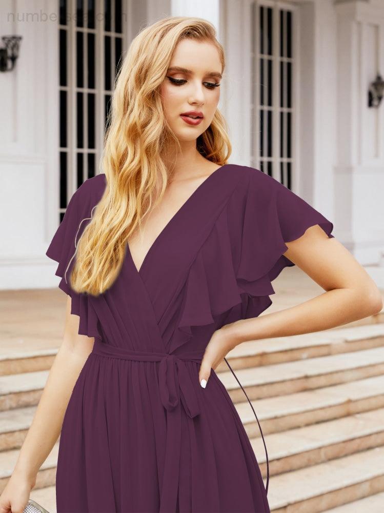 Numbersea Women's Open Back Formal Evening Party Prom Gowns V-Neck Long Chiffon Bridesmaid Dresses with Waist Belt 28038-numbersea