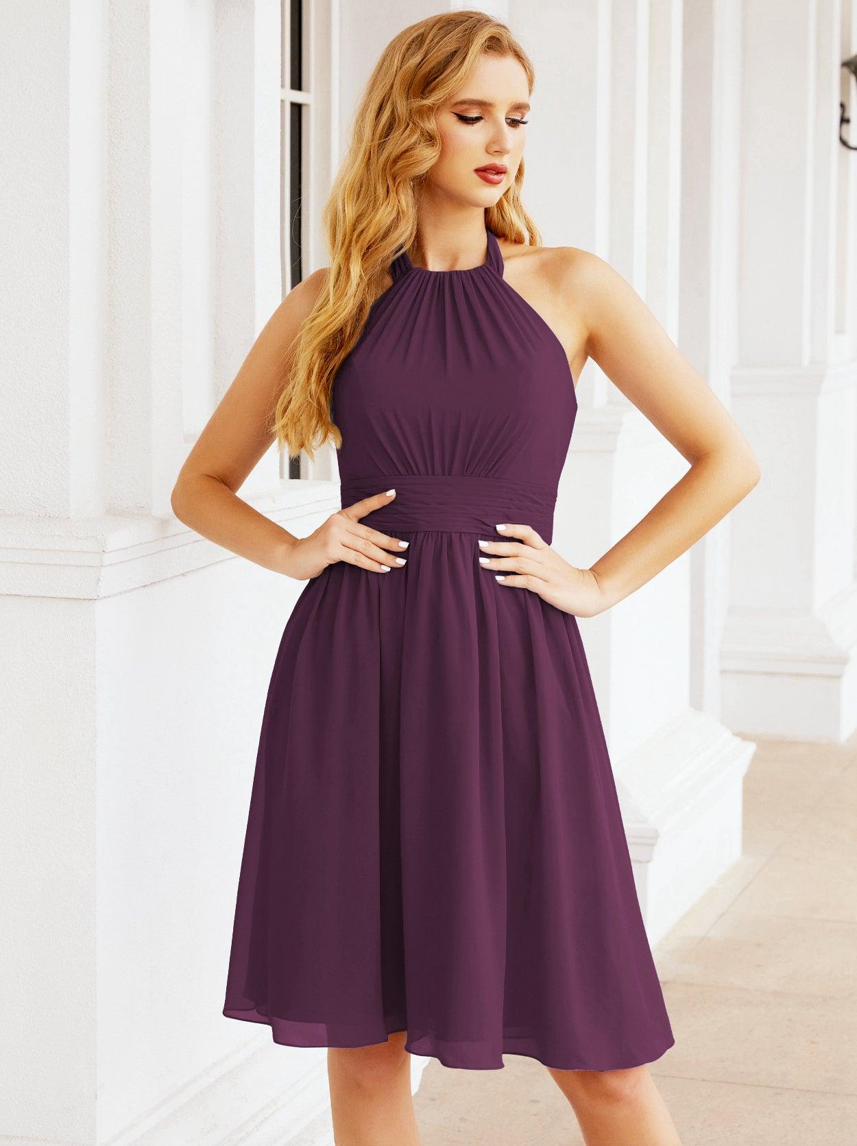 Numbersea Neckholder-Brautjungfernkleid aus Chiffon, kurz, ärmellos, formelles Partykleid, offener Rücken, 28023