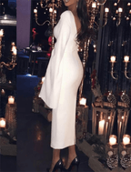 Vestido de novia elegante con corte en forma de tubo o columna, para fiesta, largo hasta la rodilla, manga larga, cuello joya, satén, espalda descubierta y color puro.