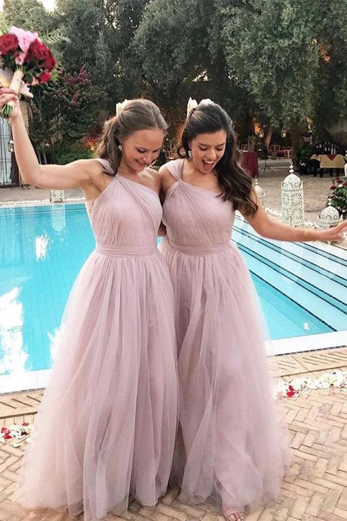 Vestidos de dama de honor Savanah de corte A/Princesa, cintura natural, sin mangas, un hombro, largo hasta el suelo, de tul