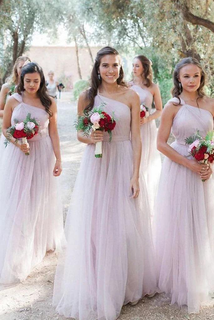 Vestidos de dama de honor Savanah de corte A/Princesa, cintura natural, sin mangas, un hombro, largo hasta el suelo, de tul
