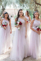 Vestidos de dama de honor Savanah de corte A/Princesa, cintura natural, sin mangas, un hombro, largo hasta el suelo, de tul