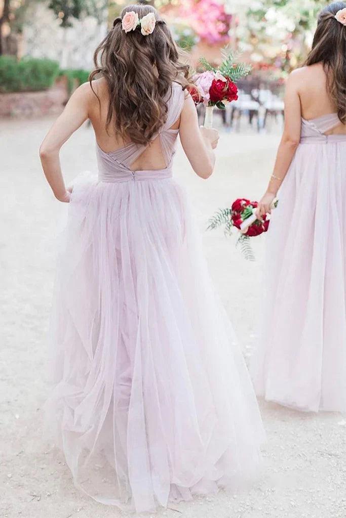 Vestidos de dama de honor Savanah de corte A/Princesa, cintura natural, sin mangas, un hombro, largo hasta el suelo, de tul