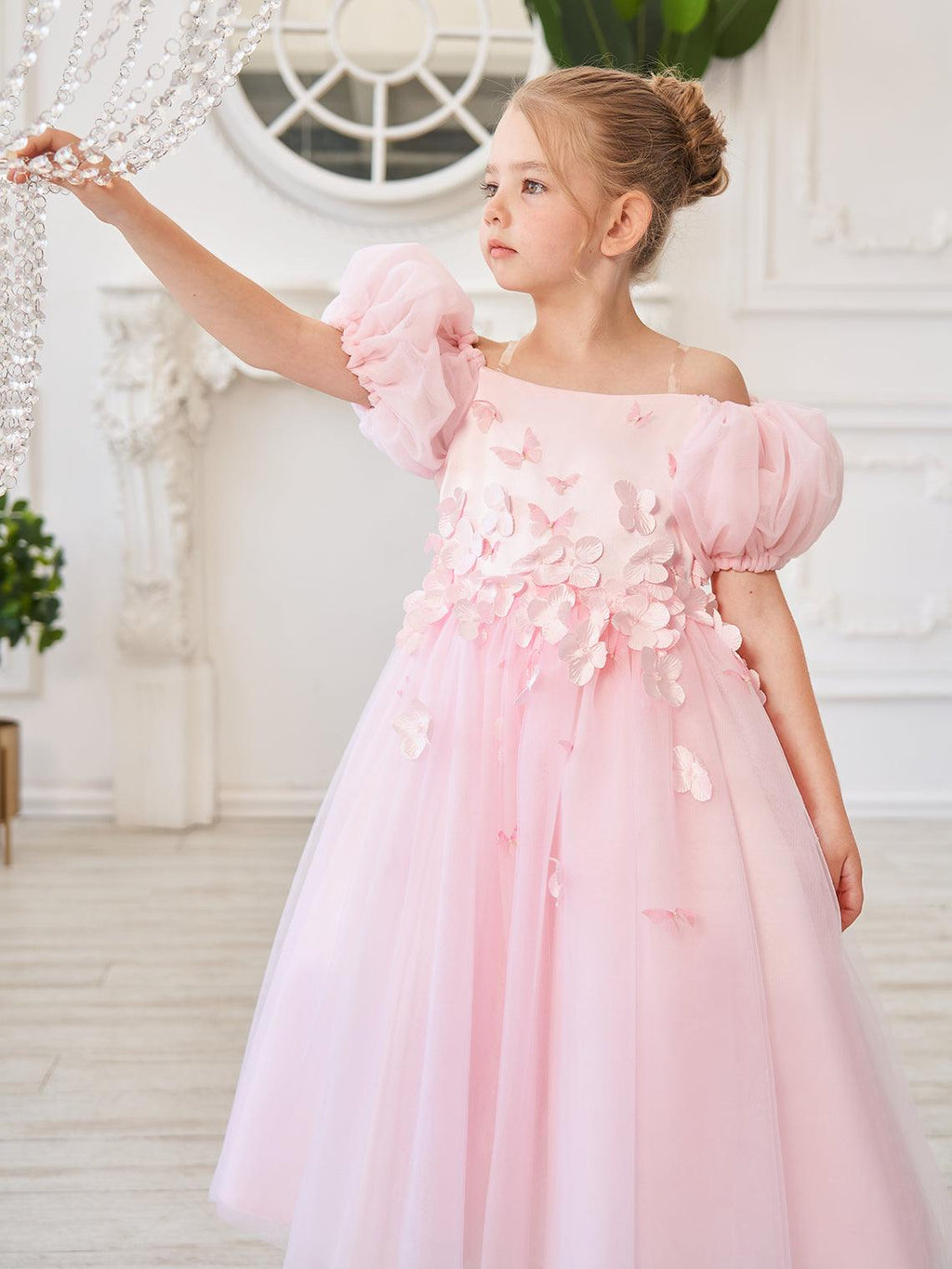 Vestido de tul para niña de las flores, largo hasta la rodilla, con mangas abullonadas y hombros descubiertos, apliques florales 3D 