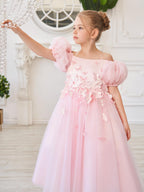 Vestido de tul para niña de las flores, largo hasta la rodilla, con mangas abullonadas y hombros descubiertos, apliques florales 3D 