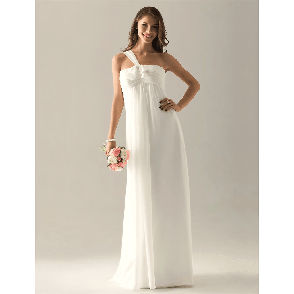 Vestido de dama de honor con corte tubo/columna, un hombro, sin mangas, elegante, largo hasta el suelo, de gasa con lazo(s), pliegues y fruncido.