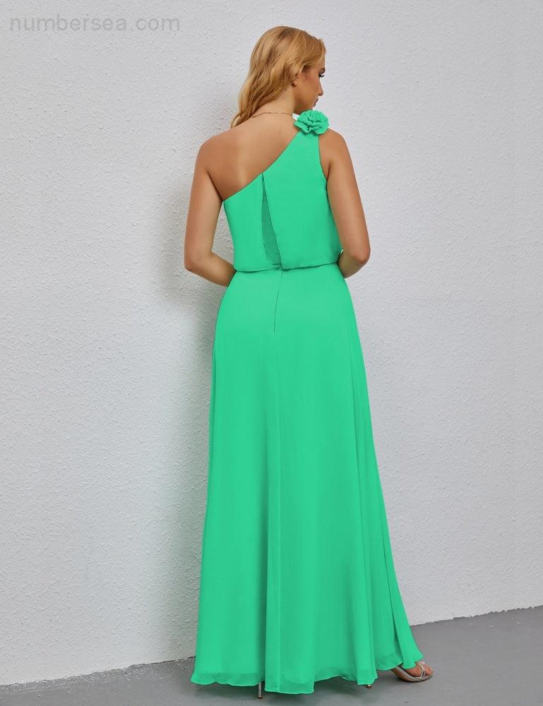 Ruffled One Shoulder Sleeveless Long Bridesmaid Dresses A-line Formal Evening Gown Side Split 28080-numbersea
