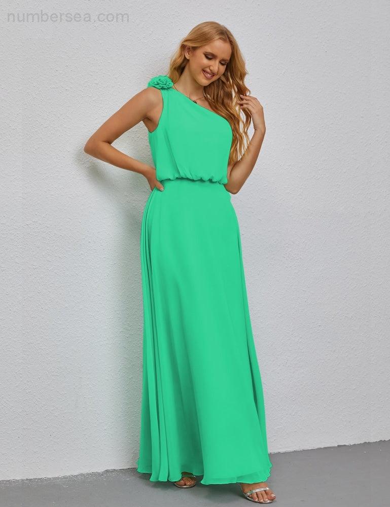Ruffled One Shoulder Sleeveless Long Bridesmaid Dresses A-line Formal Evening Gown Side Split 28080-numbersea