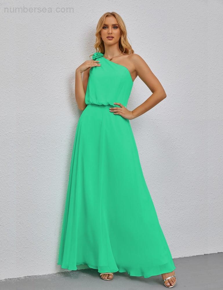 Ruffled One Shoulder Sleeveless Long Bridesmaid Dresses A-line Formal Evening Gown Side Split 28080-numbersea