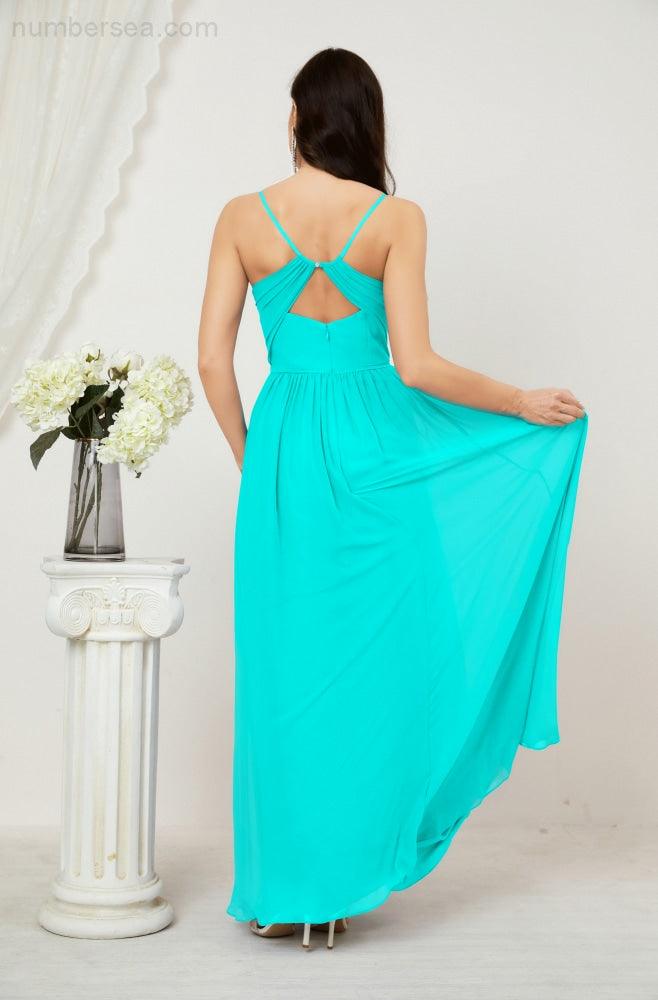 Numbersea Neck Bridesmaid Dresses Chiffon Long Spaghetti A-line Formal Prom Gown for Wedding Party Evening 2801-numbersea