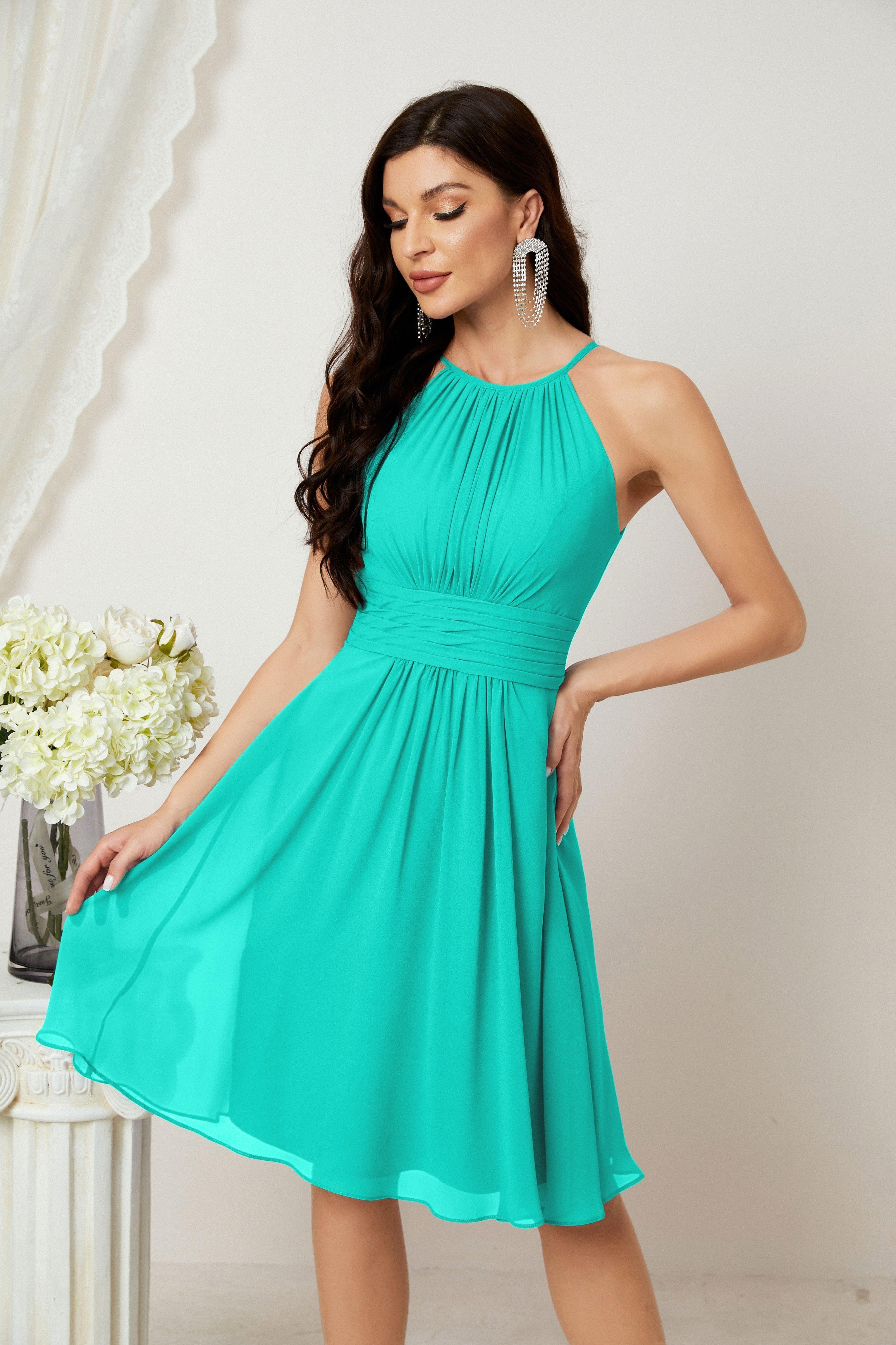 Halter Bridesmaid Dresses Knee Length A Line Formal Evening Party Cocktail Dress 28011