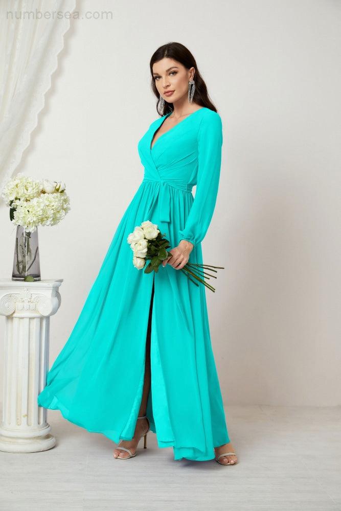 Numbersea Evening Dresses Deep V-Neck Chiffon Bridesmaid Dresses Long Bishop Sleeve Side Split Formal Dress 2806-numbersea