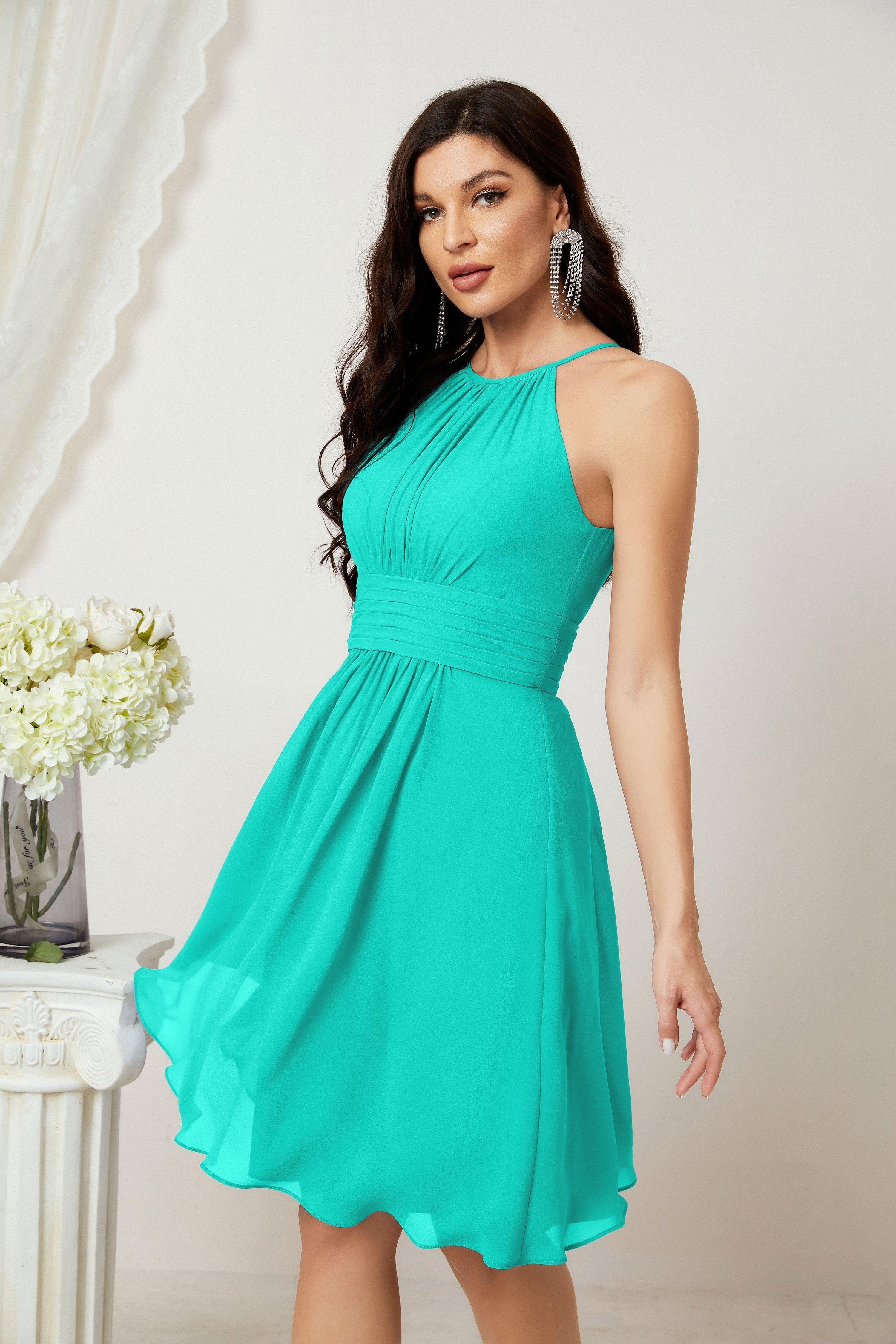 Halter Bridesmaid Dresses Knee Length A Line Formal Evening Party Cocktail Dress 28011