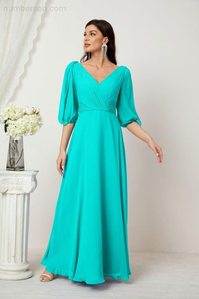 Numbersea Formal Prom Gown Women V-Neck Chiffon Bridesmaid Dresses Long Bishop Sleeve Party Dress 2807-numbersea