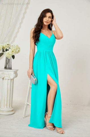 Numbersea Neck Bridesmaid Dresses Chiffon Long Spaghetti A-line Formal Prom Gown for Wedding Party Evening 2801-numbersea