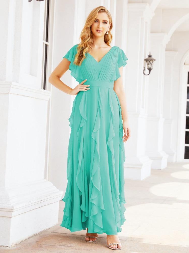 Ruffled Bridesmaid Dresses with Sleeves Long Formal Party Dress 28041-numbersea