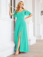 Numbersea Cold Shoulder Long Bridesmaid Dresses Side Slit Formal Prom Gowns Party Wedding 28070-numbersea