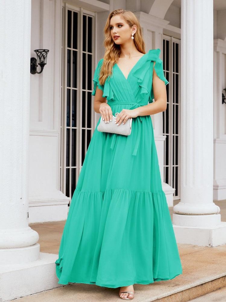 Numbersea Women's Open Back Formal Evening Party Prom Gowns V-Neck Long Chiffon Bridesmaid Dresses with Waist Belt 28038-numbersea