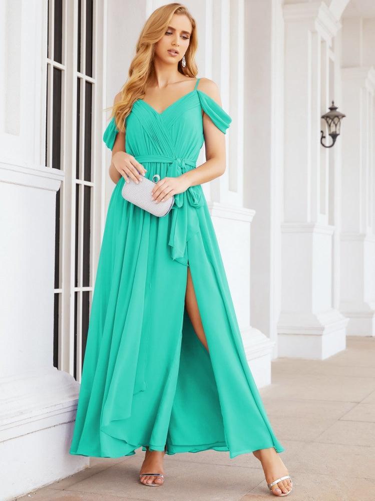 Numbersea Off The Shoulder Chiffon Bridesmaid Dress Long Formal Graduation Gown with Cowl Back 28069-numbersea