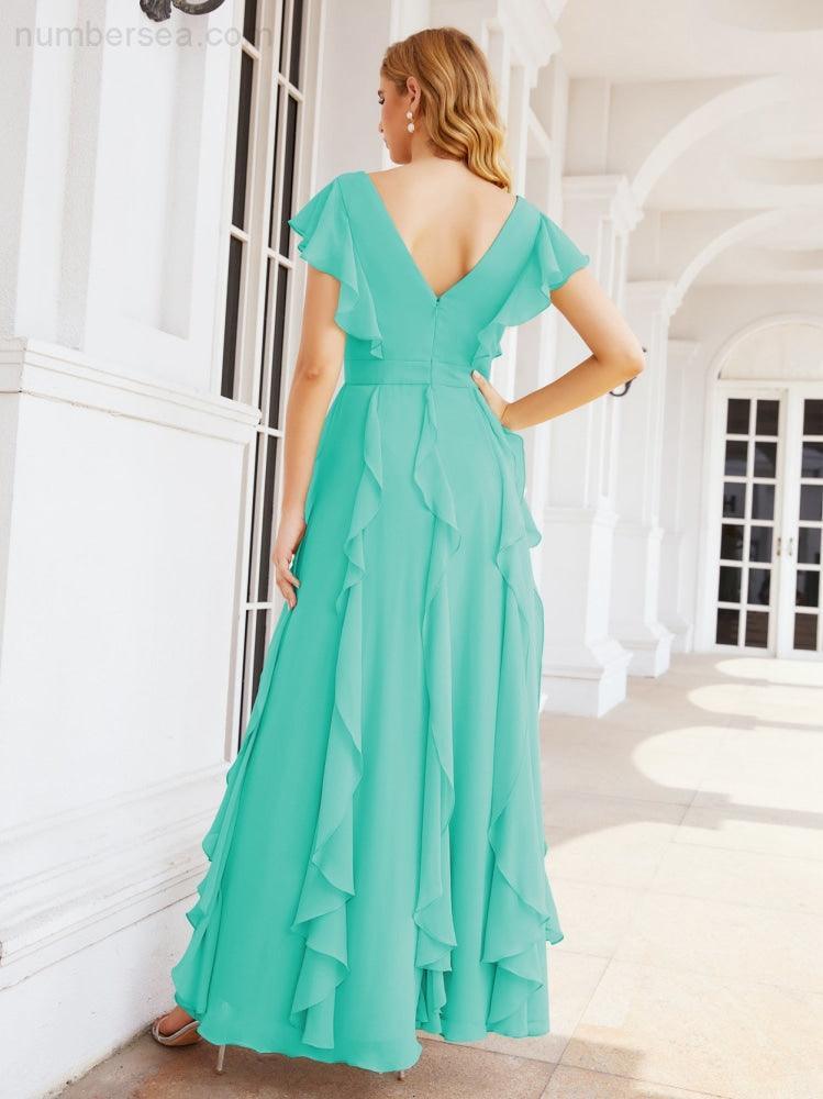 Ruffled Bridesmaid Dresses with Sleeves Long Formal Party Dress 28041-numbersea