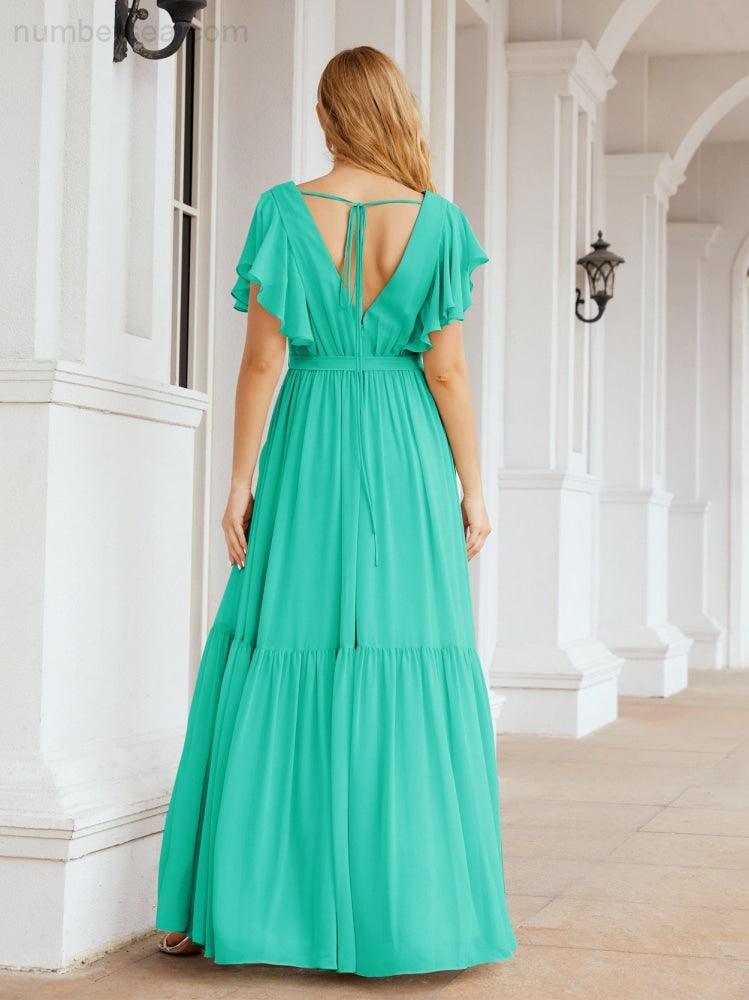 Numbersea Women's Open Back Formal Evening Party Prom Gowns V-Neck Long Chiffon Bridesmaid Dresses with Waist Belt 28038-numbersea