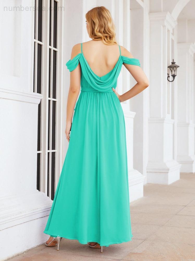 Numbersea Off The Shoulder Chiffon Bridesmaid Dress Long Formal Graduation Gown with Cowl Back 28069-numbersea
