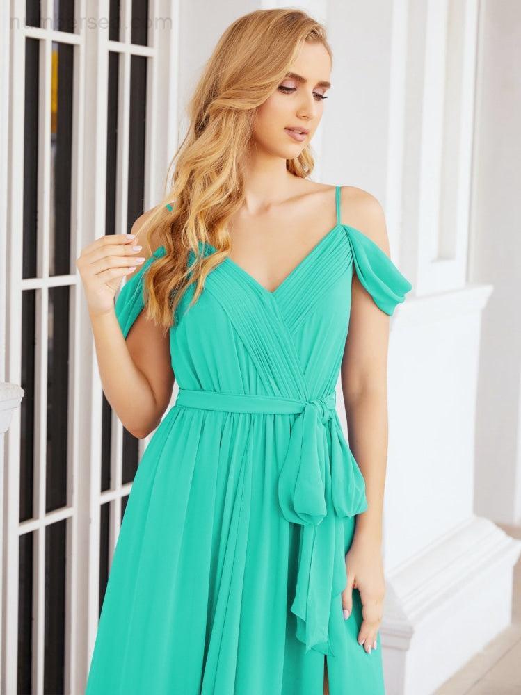 Numbersea Off The Shoulder Chiffon Bridesmaid Dress Long Formal Graduation Gown with Cowl Back 28069-numbersea