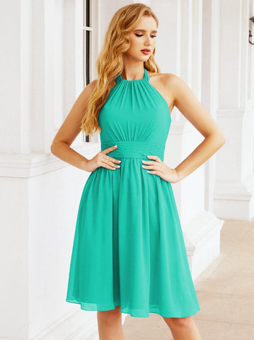 Numbersea Halter Chiffon Vestidos de dama de honor Cortos Sin mangas Vestido de fiesta formal Espalda abierta 28023 