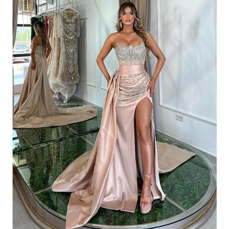 Vestido de noche formal de sirena con cuentas de lujo, único, sin tirantes y abertura 