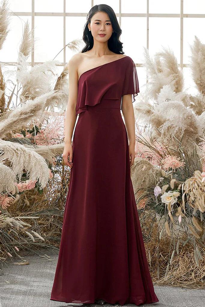Vestidos de dama de honor Shelby de gasa sin mangas, corte A/princesa, con cintura natural y un hombro al aire