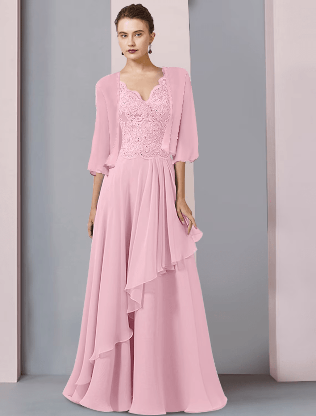 Zweiteiliges A-Linien-Kleid für die Mutter der Braut, formelle Hochzeitsgastparty, eleganter V-Ausschnitt, bodenlanges Chiffon-Spitzen-Wickelkleid mit halben Ärmeln, inklusive Perlen-Pailletten-Applikationen