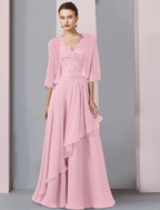 Zweiteiliges A-Linien-Kleid für die Mutter der Braut, formelle Hochzeitsgastparty, eleganter V-Ausschnitt, bodenlanges Chiffon-Spitzen-Wickelkleid mit halben Ärmeln, inklusive Perlen-Pailletten-Applikationen