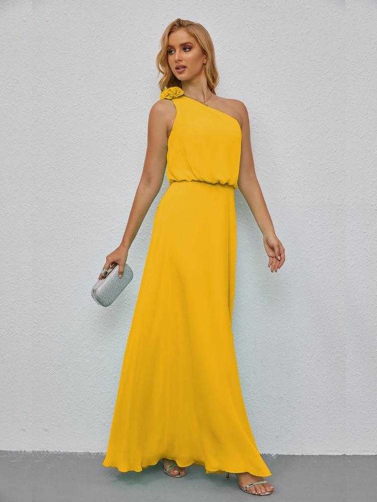 Ruffled One Shoulder Sleeveless Long Bridesmaid Dresses A-line Formal Evening Gown Side Split 28080-numbersea