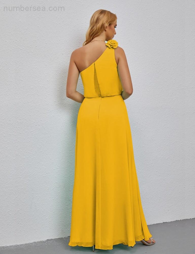 Ruffled One Shoulder Sleeveless Long Bridesmaid Dresses A-line Formal Evening Gown Side Split 28080-numbersea