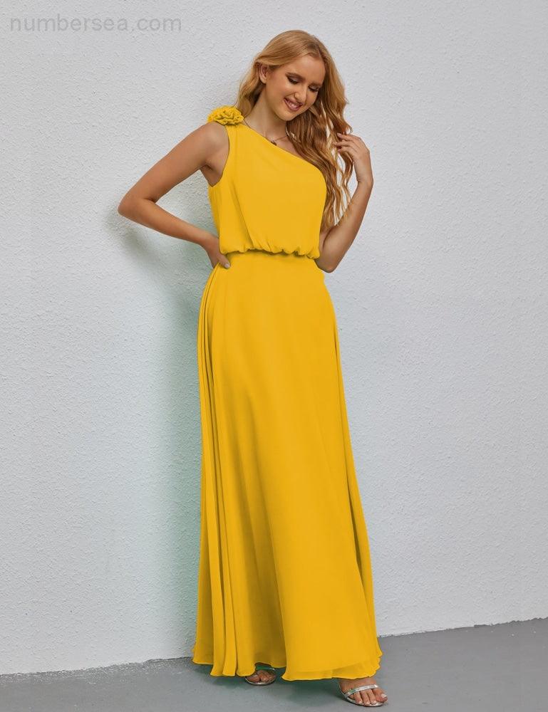 Ruffled One Shoulder Sleeveless Long Bridesmaid Dresses A-line Formal Evening Gown Side Split 28080-numbersea