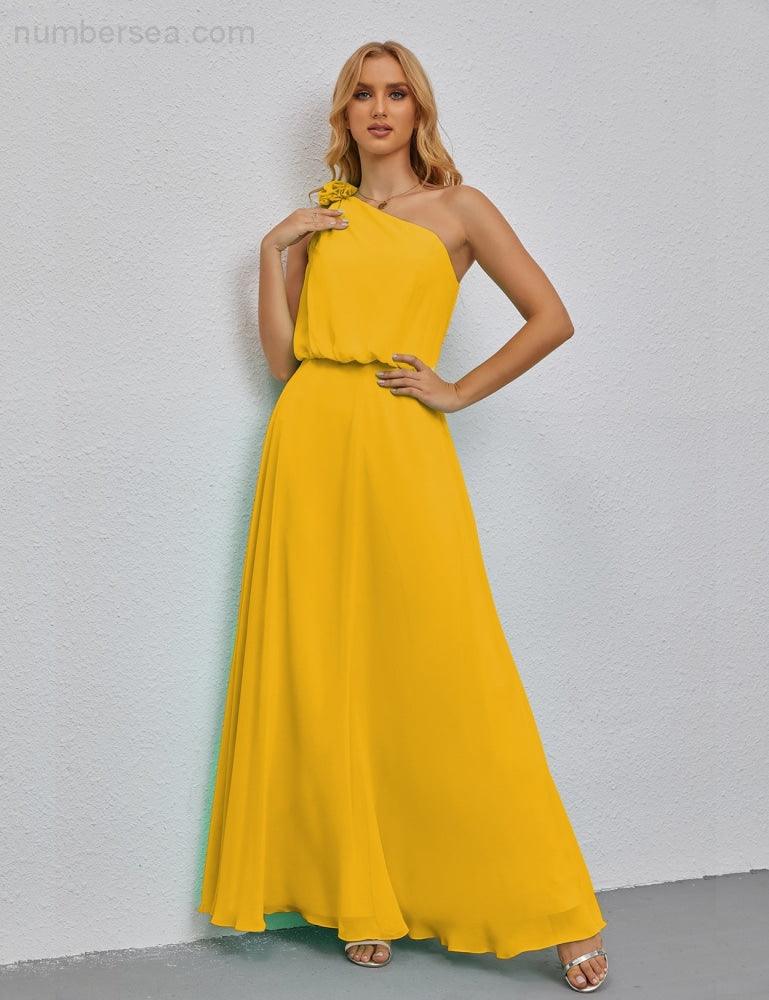 Ruffled One Shoulder Sleeveless Long Bridesmaid Dresses A-line Formal Evening Gown Side Split 28080-numbersea