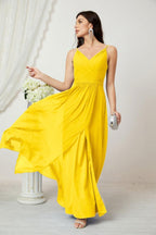 Numbersea Chiffon V-Neck Bridesmaid Dress Spaghetti Strap Long Formal Party Prom Gowns with Slit 28010-numbersea