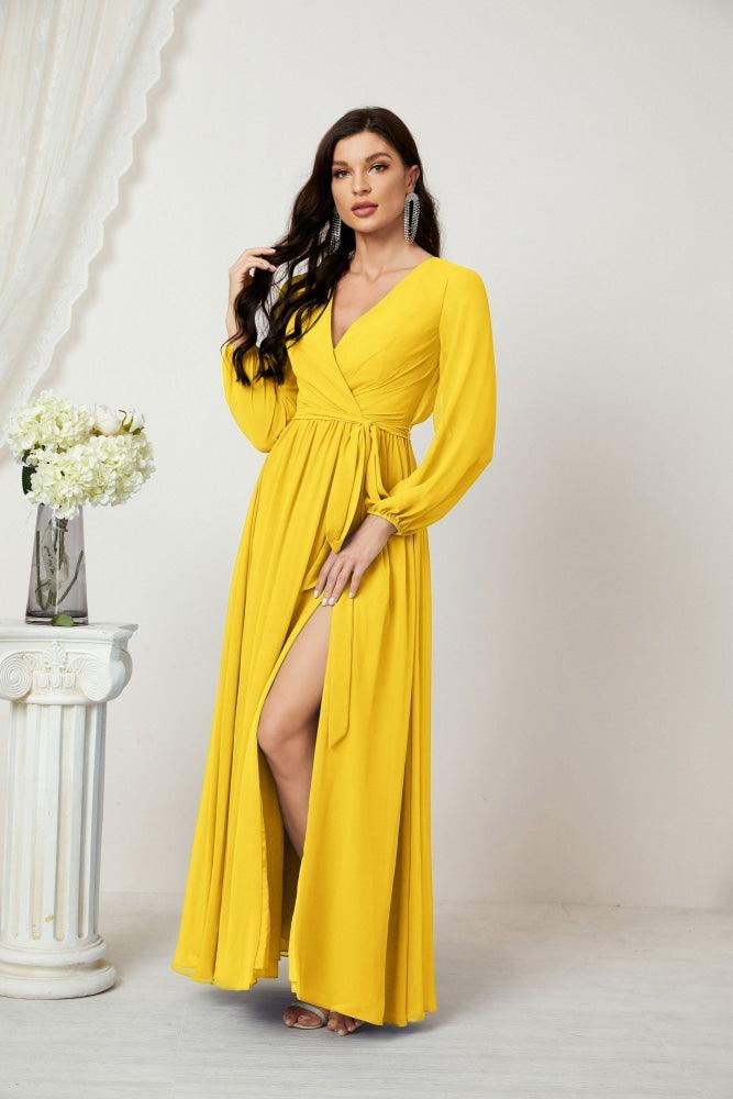 Numbersea Evening Dresses Deep V-Neck Chiffon Bridesmaid Dresses Long Bishop Sleeve Side Split Formal Dress 2806-numbersea