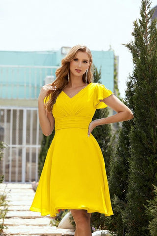 Neck Chiffon Bridesmaid Dresses Formal Cocktail Prom Gown Homecoming 28013 Bright Yellow
