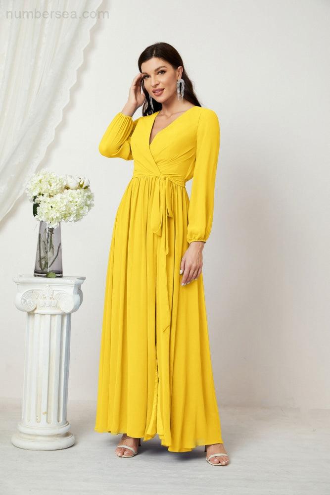 Numbersea Evening Dresses Deep V-Neck Chiffon Bridesmaid Dresses Long Bishop Sleeve Side Split Formal Dress 2806-numbersea